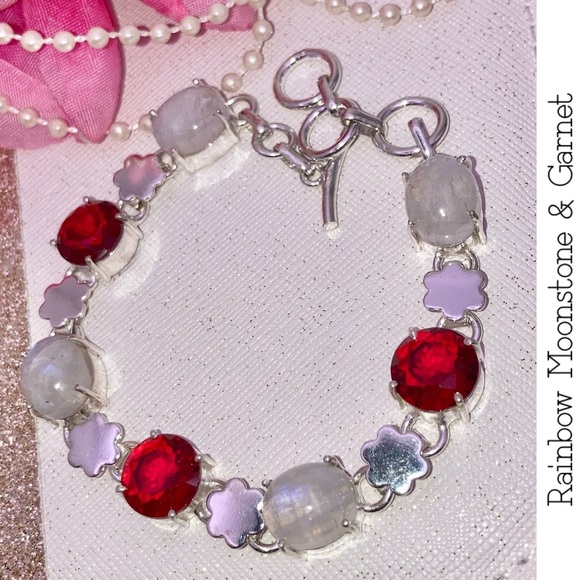 Rainbow Moonstone & Garnet Gemstone Handmade Bracelet - Picture 1 of 3